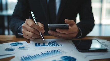 Businessman Analyzing Financial Charts and Using a Smartphone