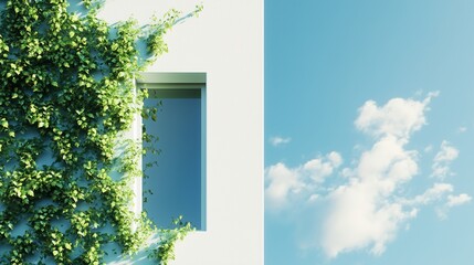 Green leaves botanical decoration with shadow on the wall building background