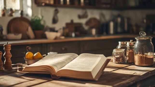 A charming kitchen scene with an open recipe book and various ingredients on a wooden table, highlighting culinary creativity.