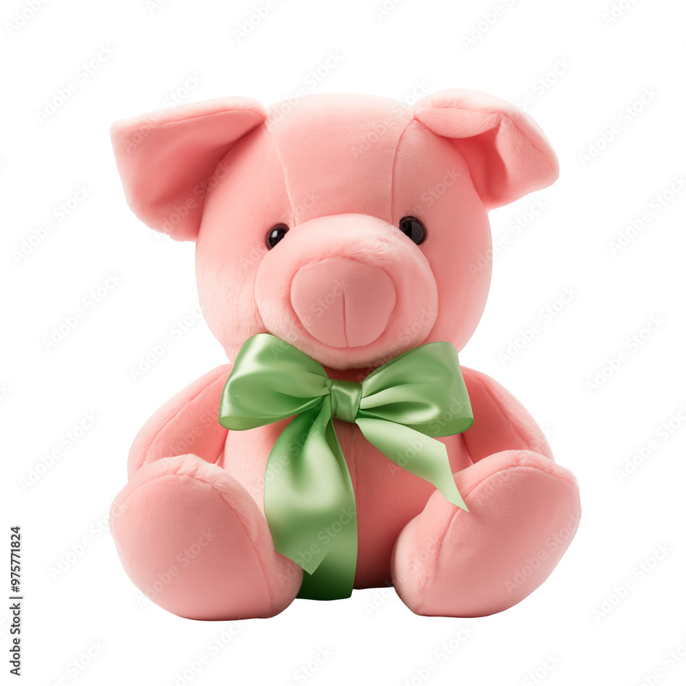 Wall mural Pink Plush Pig Stuffed Toy With Green Ribbon Bow Sitting Isolated On Transparent Background