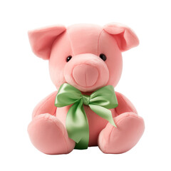 Pink Plush Pig Stuffed Toy With Green Ribbon Bow Sitting Isolated On Transparent Background