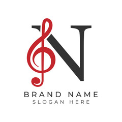 Initial Letter N with musical note Style icon. Alphabet N Music logo design