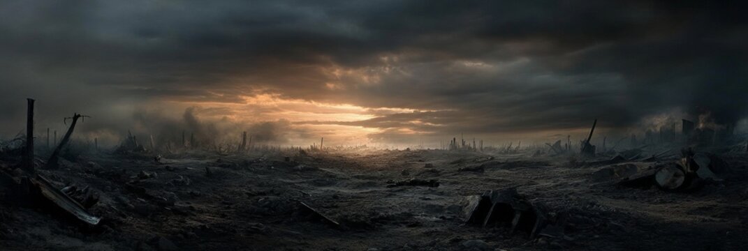 A desolate battlefield at twilight. The dark, cloud-filled sky above adds to the sense of fear and devastation.
