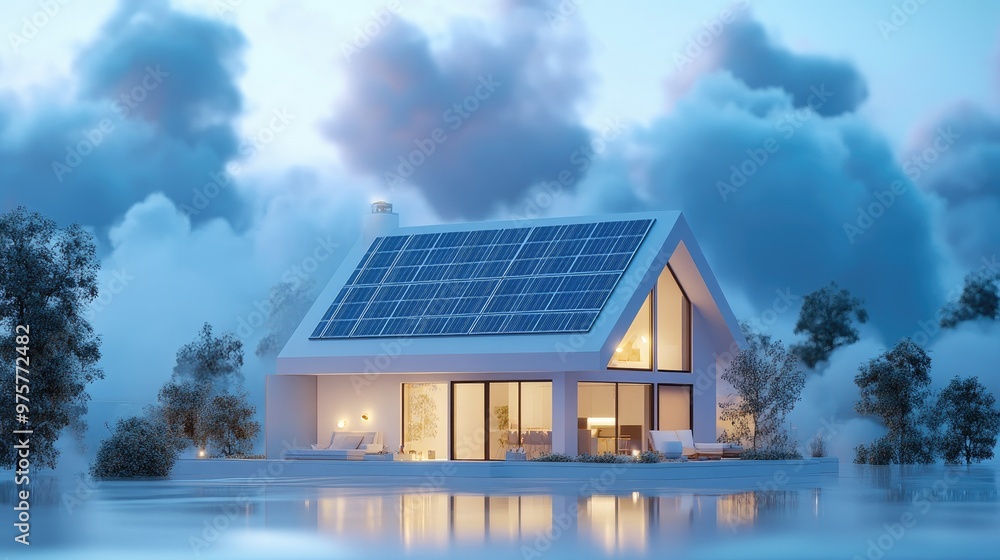 Poster a smart home with solar panels in a 3d-rendered environment, showing energy-efficient features and s