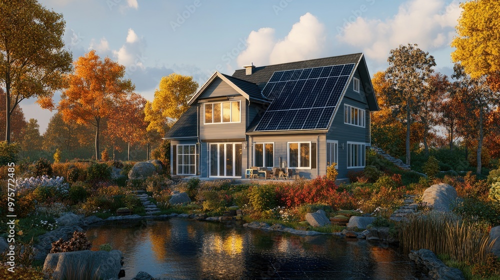 Poster a smart home with solar panels in a 3d-rendered environment, showing energy-efficient features and s
