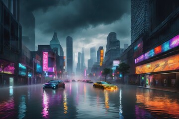 Obraz premium Futuristic Cityscape with Neon Lights and Flooding Streets