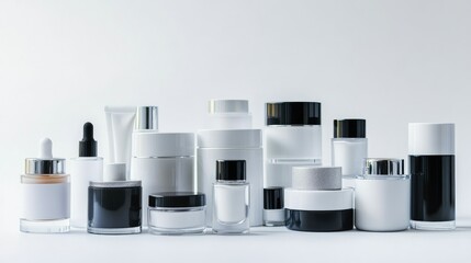 A variety of cosmetic containers, including bottles and jars, on a clean white background, ready for branding or promotional use.