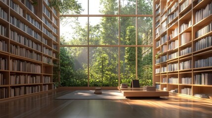 A peaceful library with neatly arranged books on shelves, offering a serene space for reading and study.