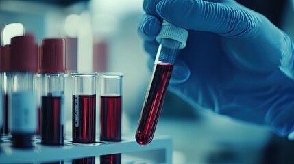 Close-up of a scientiss hand holding a test tube with blood cells, performing virus or DNA analysis in a high-tech lab.