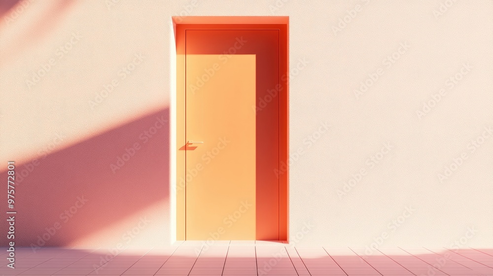 Poster abstract 3d rendering of a building with a pale orange door, cast in soft pastel colors and shadow.
