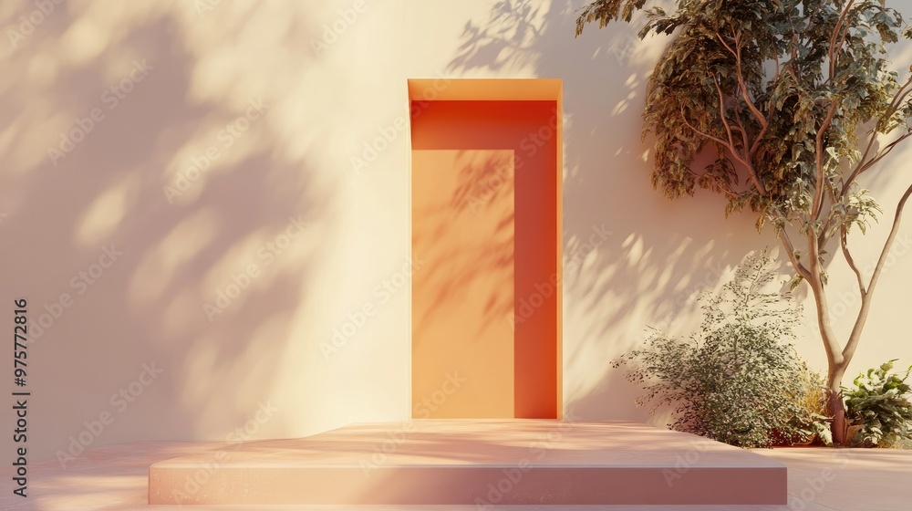 Poster abstract 3d rendering of a building with a pale orange door, cast in soft pastel colors and shadow.