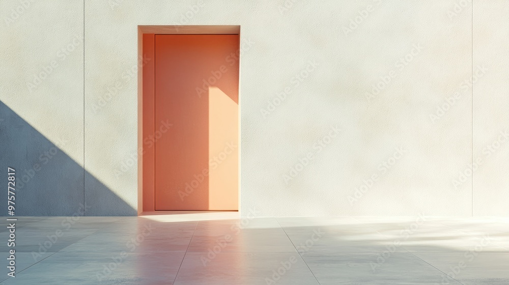 Aufkleber abstract 3d rendering of a building with a pale orange door, cast in soft pastel colors and shadow.