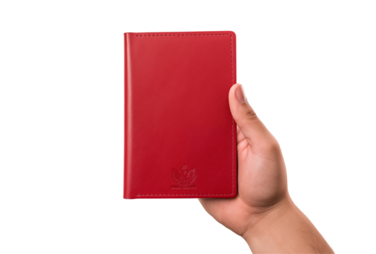 Hand Holding A Red Leather Passport Cover Isolated On A Transparent Background
