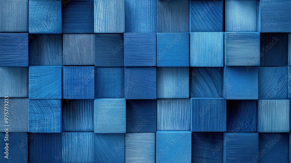 Poster abstract texture of blue wooden cubes, stacked and layered in a repeating pattern, geometric design 