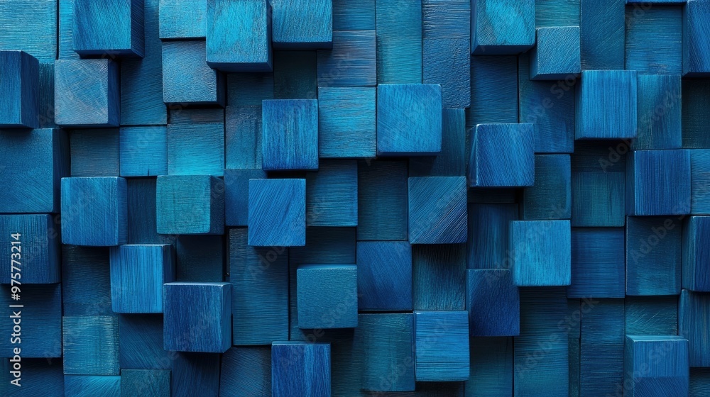 Poster abstract texture of blue wooden cubes, stacked and layered in a repeating pattern, geometric design 