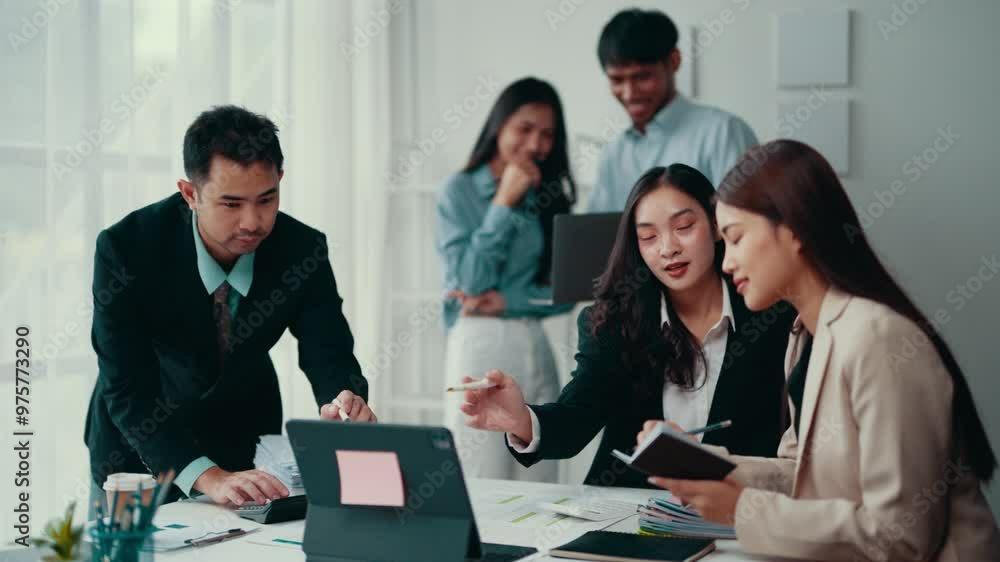 Poster businesspeople working together on a project. a manager is explaining something to his colleague. th