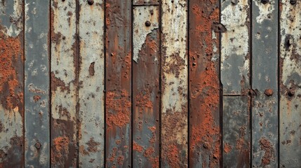 Aged iron boards with rust stains and rough textures attached to an abandoned building with cracked, weather-beaten walls.