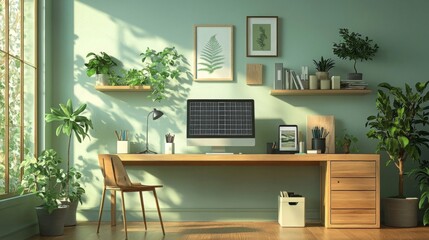 Modern Home Office Interior Design with Green Plants and Natural Light