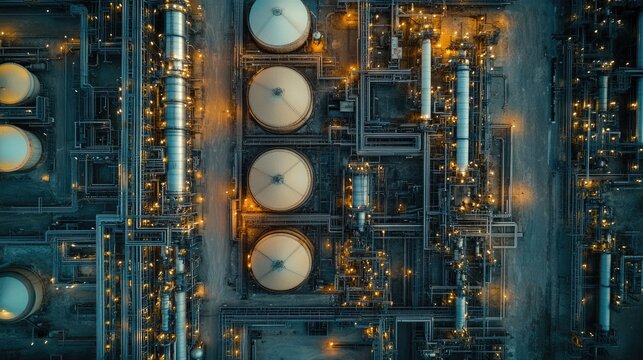 Aerial shot of a large oil and gas refinery with storage tanks and massive industrial machinery, set in a sprawling complex.