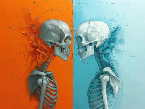 Half angel, half skeleton artistic drawing.
