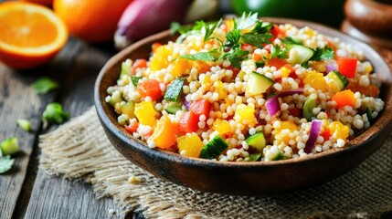 Colorful millet salad with fresh vegetables and tangerine dressing, arranged on a rustic table, perfect for promoting
