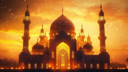 Naklejka premium Beautifully lit mosque with intricate architecture and glowing lanterns, set against a golden sky, perfect for a Ramadan background.