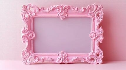 Blank pink photo frame with ornate flower decorations, resting against a soft-colored background, leaving room for personalized photos or text.