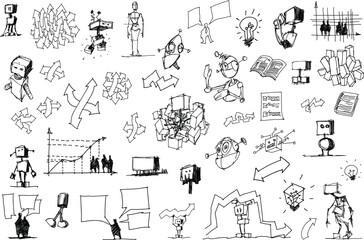 hand drawn architectural sketches of artificial intelligence topics and robots and network structures and arrow and business graphs