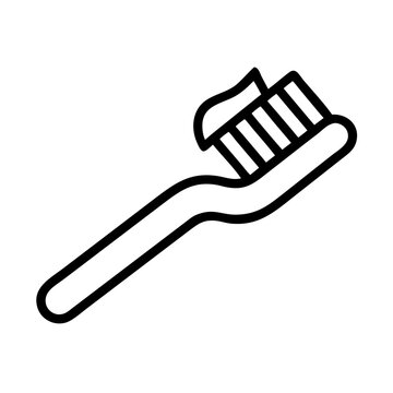 recommend clip art: Toothbrush with toothpaste icon, simple black line art, isolated on white, oral care