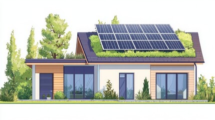 Fototapeta premium Modern Green Roof House with Solar Panels
