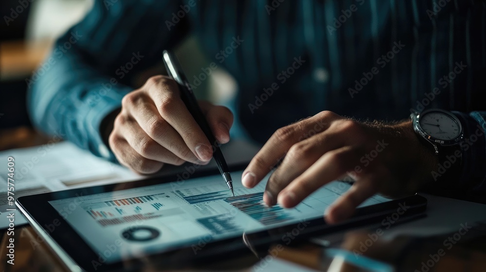 Poster a professional digital marketer studies data on a tablet, tracking trends and performance metrics fo