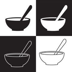 Soup icon set. hot soup bowl with spoon icon. Asian Chinese soup sign suitable .  Isolated on black and white background. Vector Illustration. EPS 10