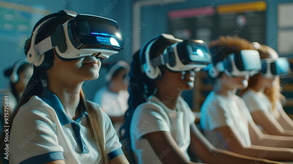 Poster futuristic virtual classroom with students using vr headsets for interactive edtech lessons
