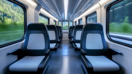 Modern Train Interior with Empty Seats and Scenic Views: Comfortable, Minimalist Design for Efficient Travel