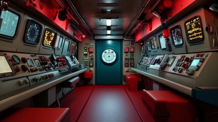 Submarine Control Room with Red Lighting, Vintage Equipment, and Futuristic Interface - A Blend of Past and Future in Navigation Technology