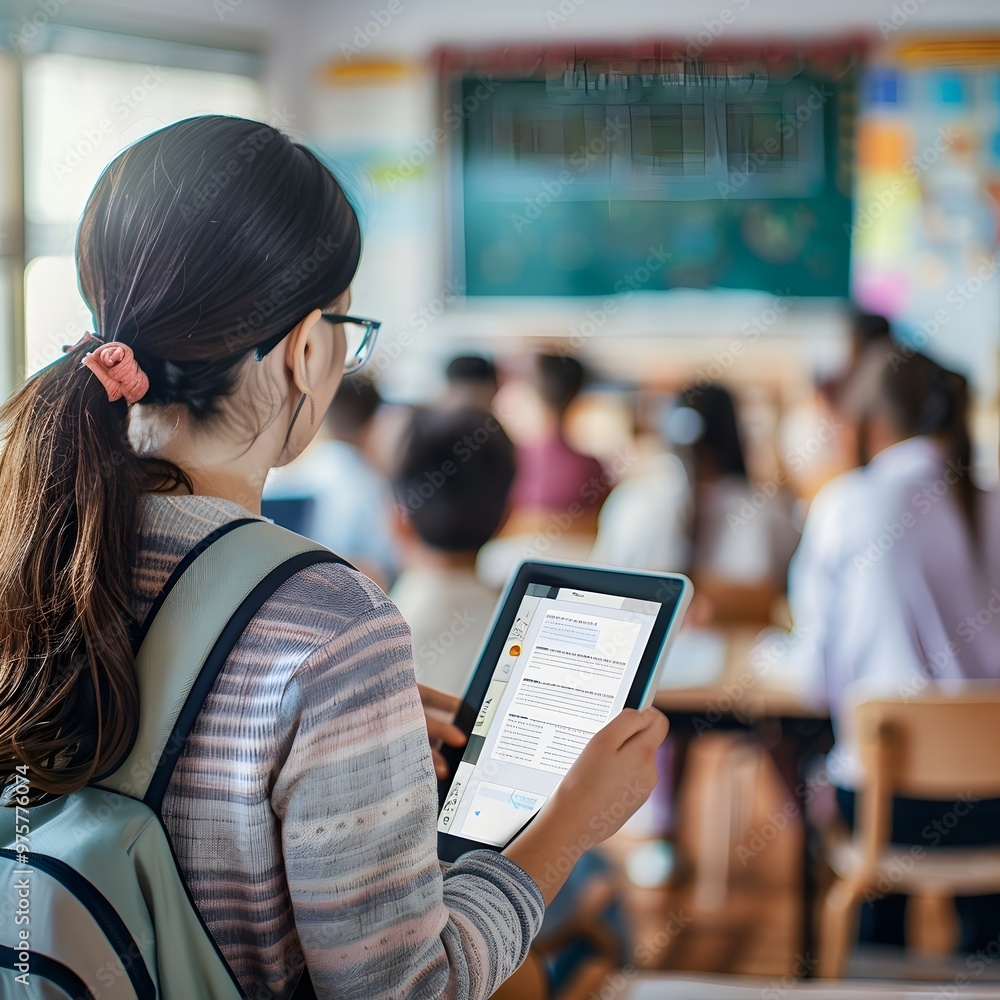 Poster teacher using tablet to control and monitor classroom activities in real time edtech innovations
