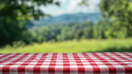 A red checkered picnic cloth on a table with a blurred green landscape behind, ready for a summer picnic or outdoor meal.