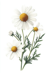 Obraz premium Vintage botanical illustration showing white daisies blooming with a bud on a stem with leaves