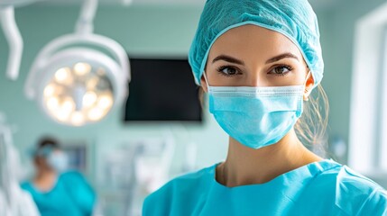 Confident Female Surgeon in Surgical Attire with Face Mask in Operating Room