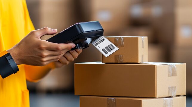 Worker Scanning Packages with Barcode Reader in Warehouse: Efficient Logistics Management and Inventory Control in Modern Supply Chain Operations