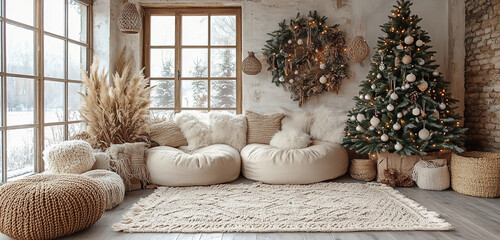 Bright living room decorated with holiday decorations in warm natural colors. Christmas.