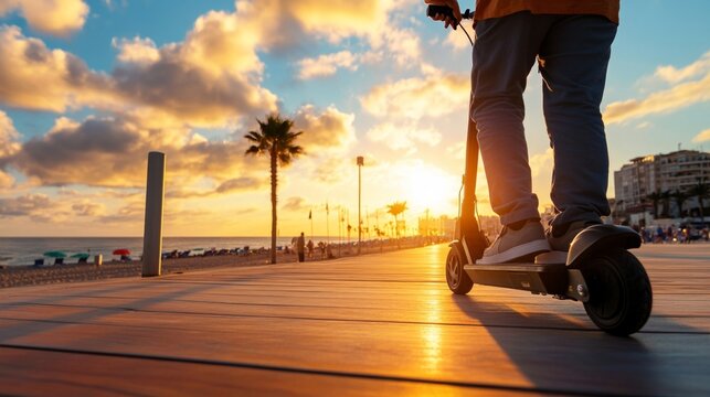 Sunset Ride: Urban Commuter on Electric Scooter Gliding Along a Scenic Beach Boardwalk