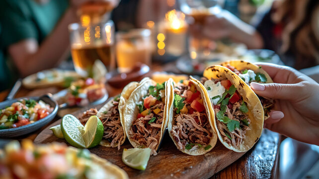 Celebrate National Taco Day with delicious tacos at a vibrant gathering in the evening - Powered by Adobe