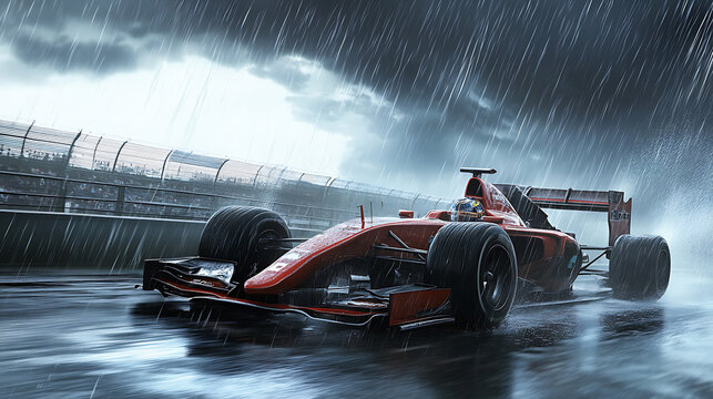 Formula 1 racing under by stormy rain