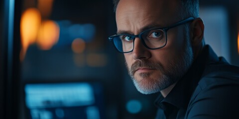 A focused man stares intensely at the camera. His glasses frame his thoughtful expression. The mood is moody and dramatic. This image suits themes of technology. AI.