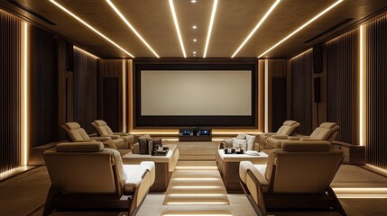 Cozy yet lavish home cinema featuring plush armchairs, a large screen, and elegant recessed lighting in the ceiling.