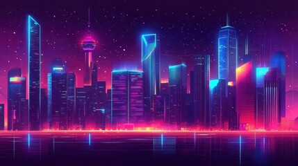 Fototapeta premium A futuristic vector design of a cityscape at night, with neon lights and sleek buildings