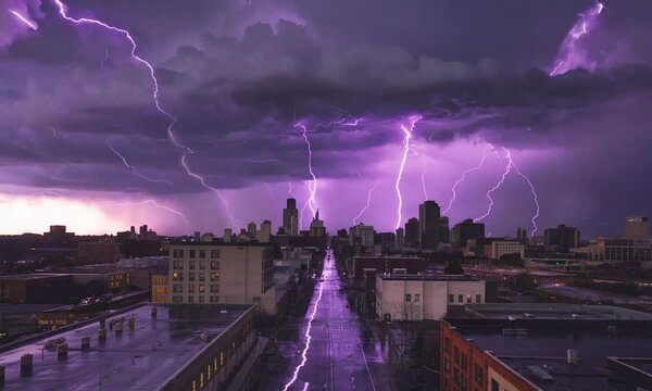 A dramatic lightning storm illuminates the sky over a cityscape, casting an eerie purple hue across the skyline. This intense weather phenomenon highlights the power and unpredictability of nature ami