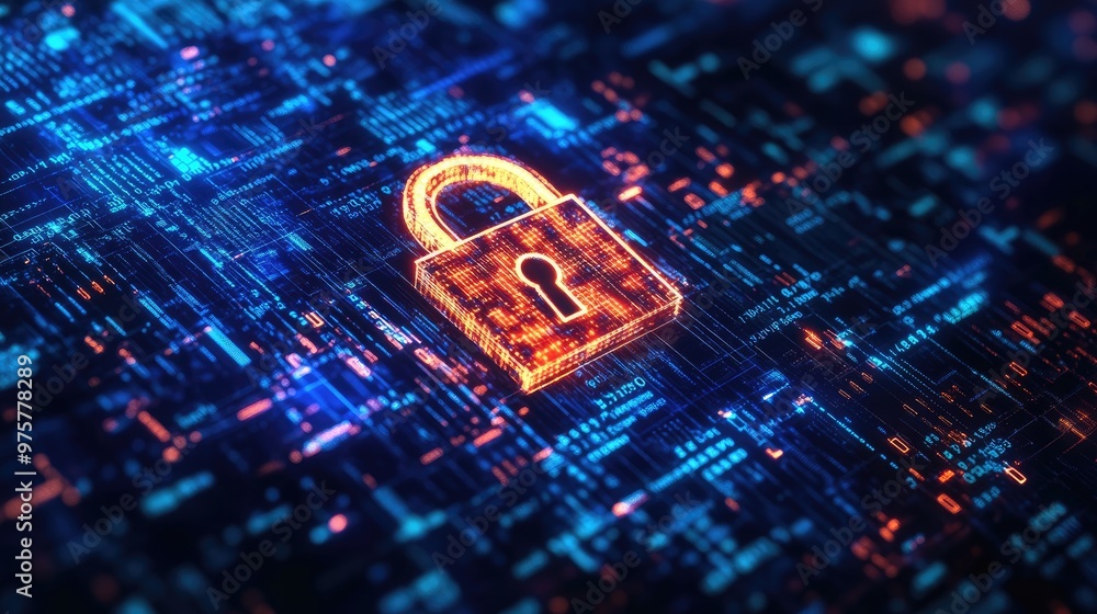 Poster cybersecurity padlock icon over a matrix of computer code, symbolizing secure technology and data pr