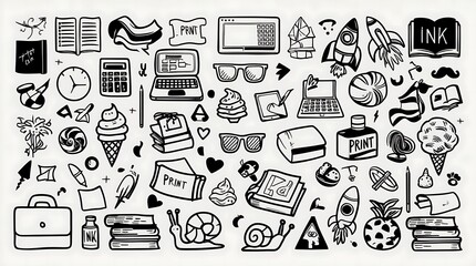 Playful black and white doodle-style illustration featuring laptops, ice cream cones, rockets, and whimsical elements like snails. Ideal for fun designs.